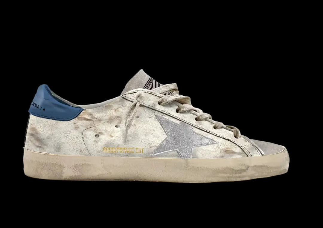 Men's Super-Star in white vintage leather with silver laminated leather star and blue leather heel tab