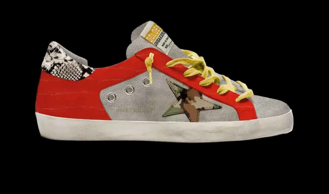 Men's Super-Star in grey suede with camouflage print star, red crocodile-print inserts and yellow laces