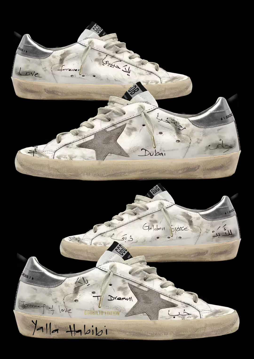 Women's Super Star in white nappa with signatures in black and laminated silver heel