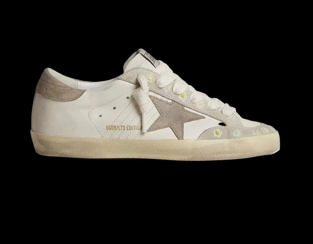 Women’s Super-Star LTD with beige suede star and heel tab and floral embroidery