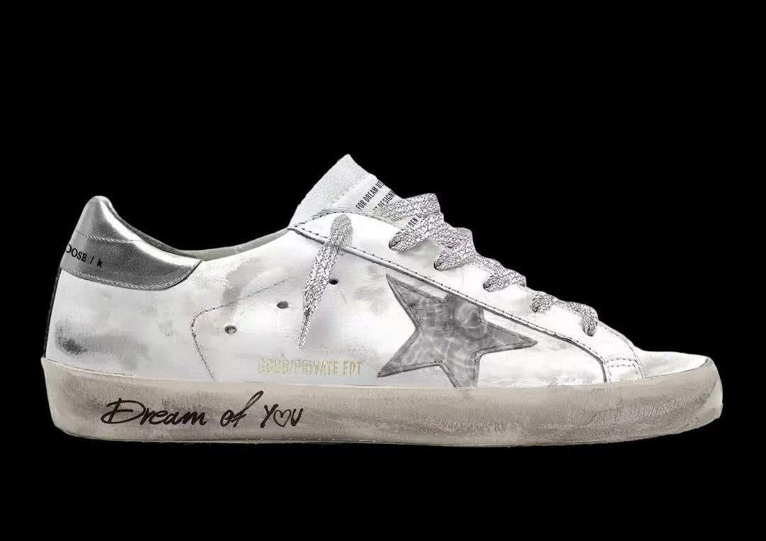Women's Super-Star in white leather with grey leather star and silver laminated leather heel tab