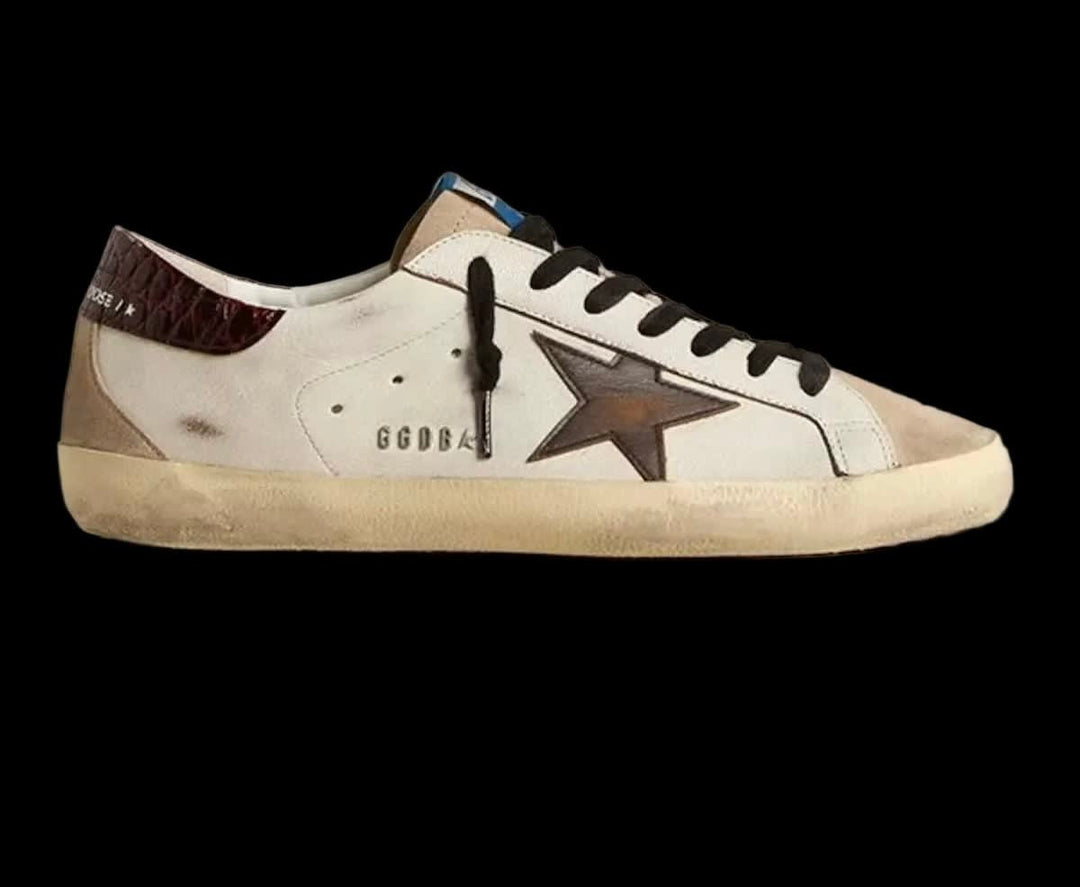 Super-Star men in white leather with brown leather star, brown cocco printed heel tab and beige suede inserts