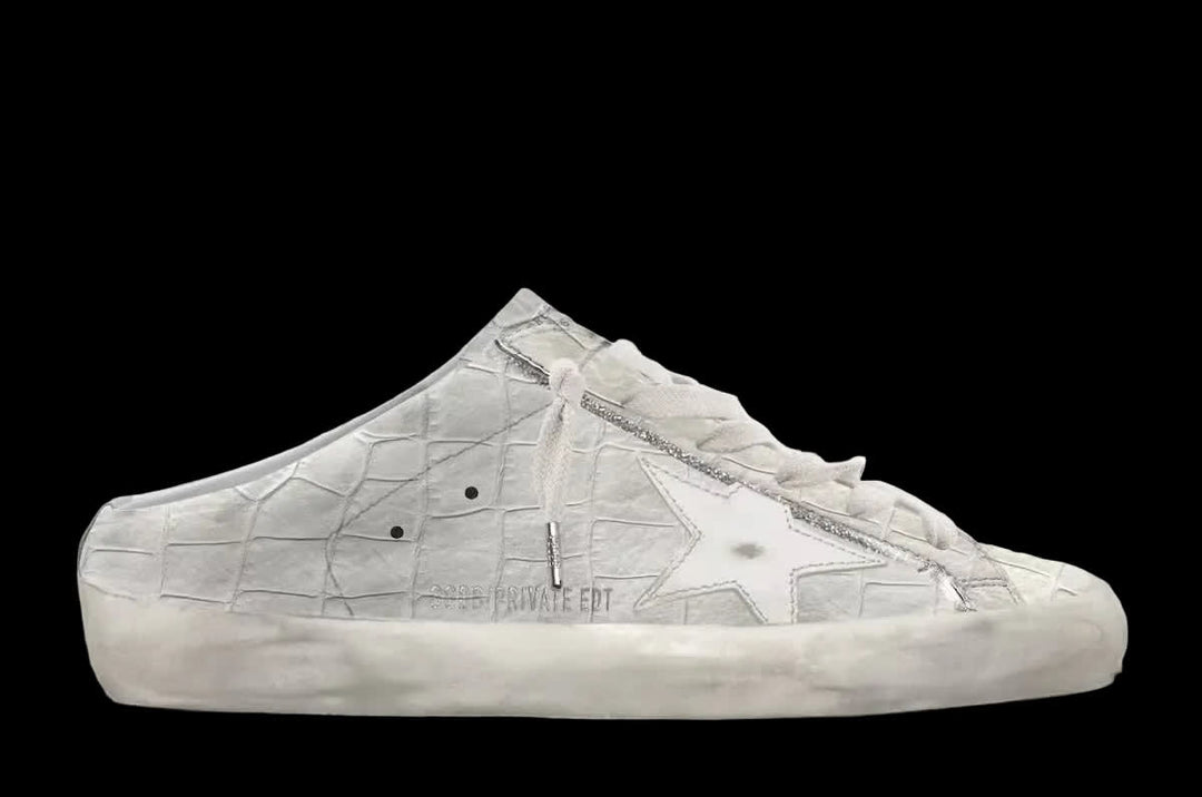 Women's Super-Star Sabot in Grey Crocodile Print and White Leather Star