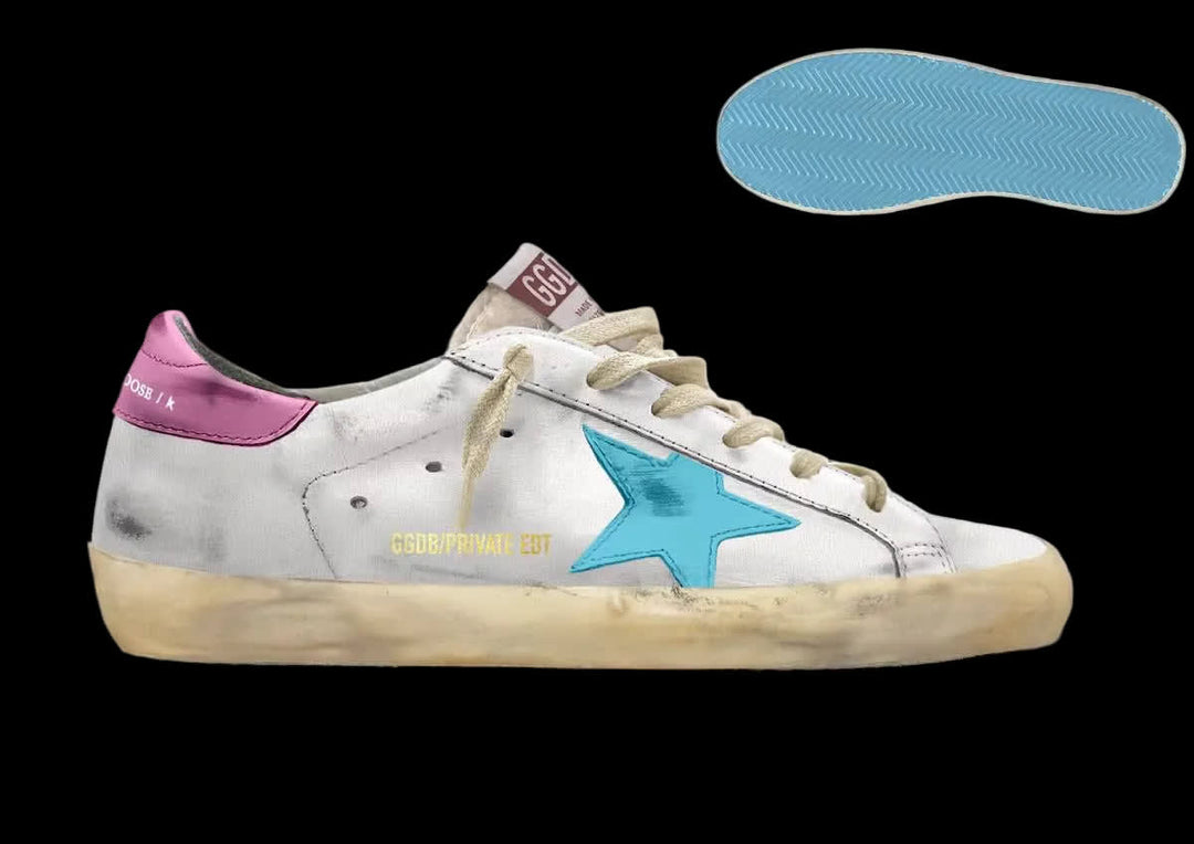 Super-Star in silver leather with light blue star and pink heel tab