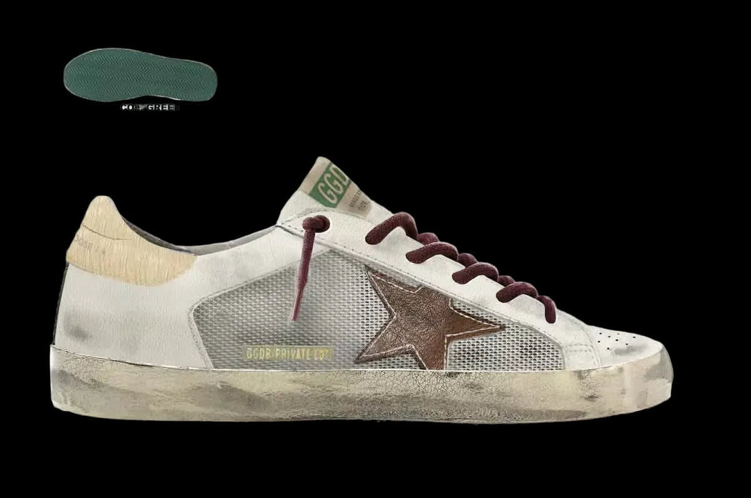 Men's Super-Star in white leather silver mesh with brown leather star and beige pony skin heel tab