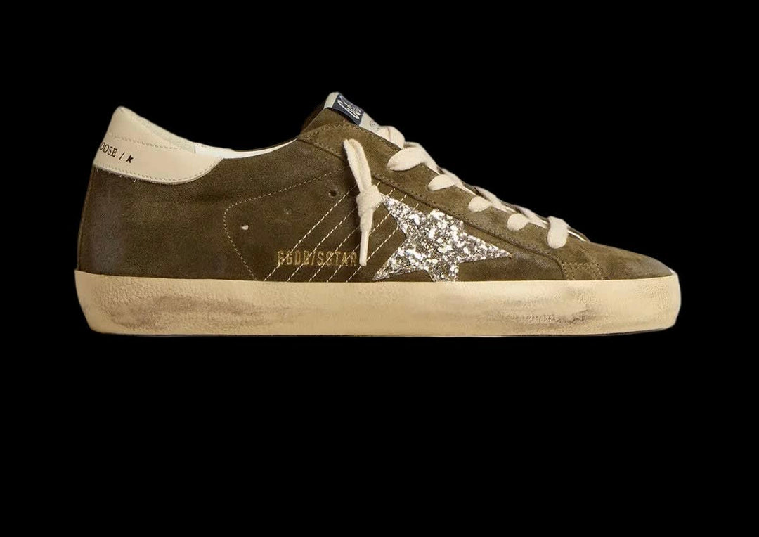 Women’s Super-Star in green suede with glitter star and cream heel tab