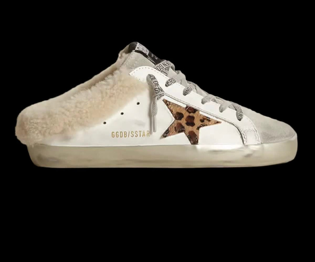 Super-Star Sabot sneakers in white leather with leopard pony skin star and internal shearling