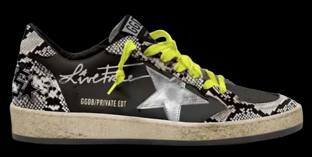 Men's Ball Star in black leather with silver laminated leather star and python print inserts