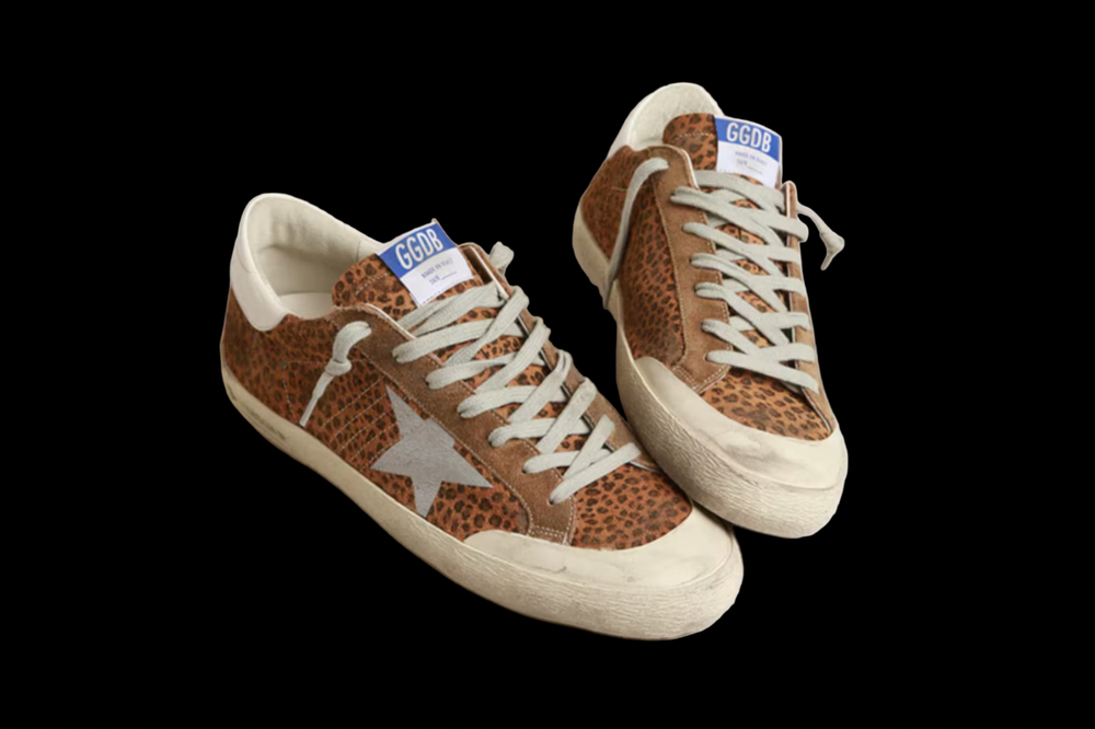 Leopard print SuperStar with white heel tab and silver star