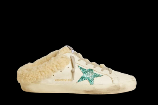 Super-Star Sabot in white leather with aquamarine glitter star and shearling interior ( Limited Edition Of 400 )