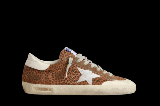 Leopard print SuperStar with white heel tab and silver star