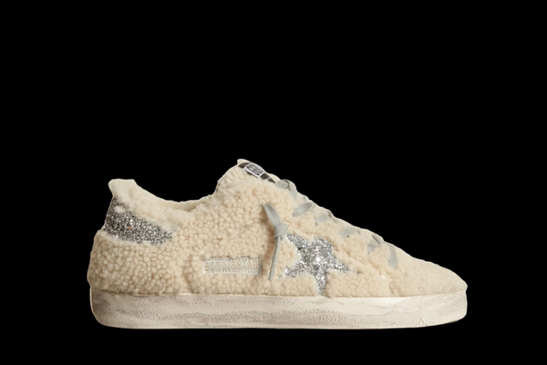 Super-Star sneakers in beige shearling with silver glitter star and heel tab