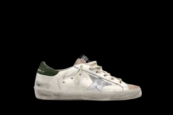 Super-star white and suede powder pink upper, silver star and snake sking green back