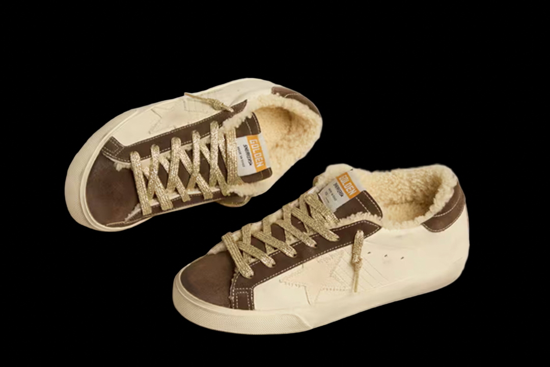 Women's Super Star in beige leather with brown suede toe and shearling lining