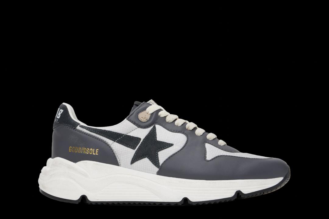 Men running sole in gray nylon and black nappa leather with a black suede star